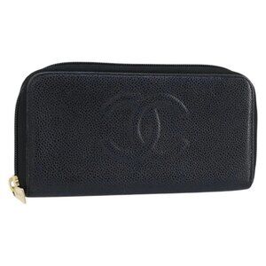 CHANEL Long Wallet Grained Calf Skin Black Gold CC